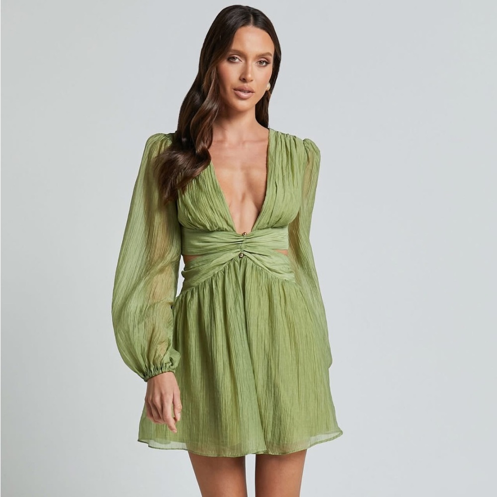 Showpo Casey Sage Mini Dress Plunge Neck Side Cutouts Size Small